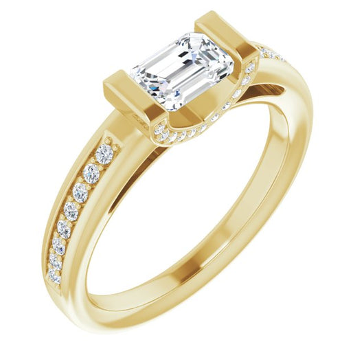 10K Yellow Gold Customizable Cathedral-Bar Emerald/Radiant Cut Design featuring Shared Prong Band and Prong Accents