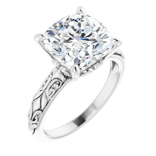 10K White Gold Customizable Cushion Cut Solitaire featuring Delicate Metal Scrollwork