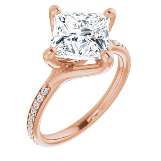 10K Rose Gold Customizable Princess/Square Cut Design featuring Thin Band and Shared-Prong Round Accents