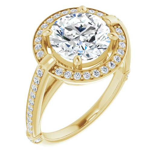 10K Yellow Gold Customizable High-Cathedral Round Cut Design with Halo and Shared Prong Band