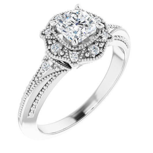 10K White Gold Customizable Vintage Cushion Cut Design with Beaded Milgrain and Starburst Semi-Halo