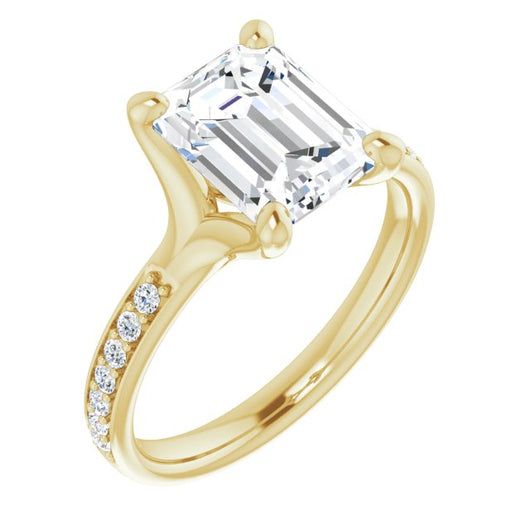 10K Yellow Gold Customizable Heavy Prong-Set Emerald/Radiant Cut Style with Round Cut Band Accents