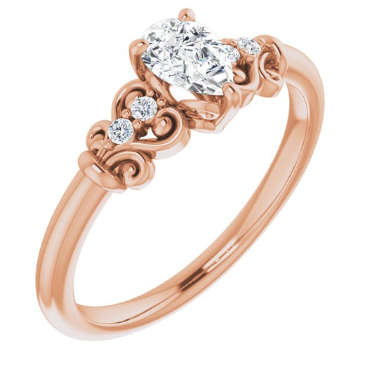 10K Rose Gold Customizable Vintage 5-stone Design with Pear Cut Center and Artistic Band Décor