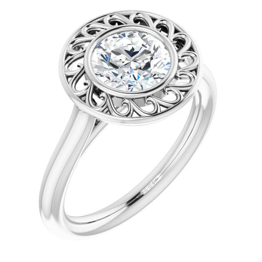 10K White Gold Customizable Cathedral-Bezel Style Round Cut Solitaire with Flowery Filigree