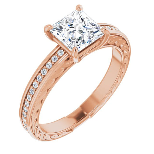 10K Rose Gold Customizable Princess/Square Cut Design with Rope-Filigree Hammered Inlay & Round Channel Accents