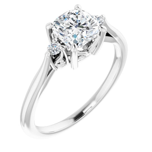 10K White Gold Customizable Three-stone Cushion Cut Design with Small Round Accents and Vintage Trellis/Basket