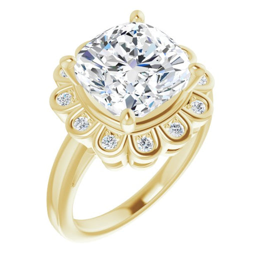 10K Yellow Gold Customizable 9-stone Cushion Cut Design with Round Bezel Side Stones