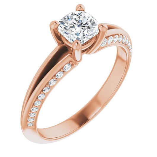 10K Rose Gold Customizable Cushion Cut Center with 4-sided-Accents Knife-Edged Split-Band