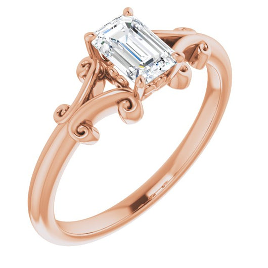 10K Rose Gold Customizable Emerald/Radiant Cut Solitaire with Band Flourish and Decorative Trellis