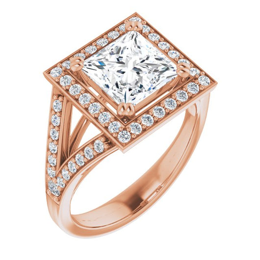 10K Rose Gold Customizable Cathedral-set Princess/Square Cut Style with Accented Split Band and Halo