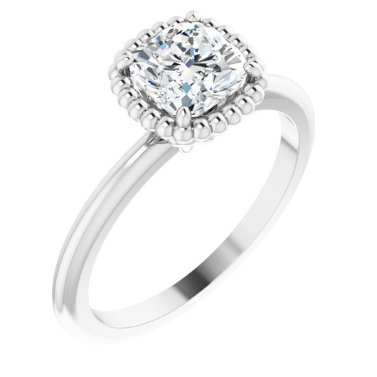 10K White Gold Customizable Cushion Cut Solitaire with Beaded Metallic Milgrain