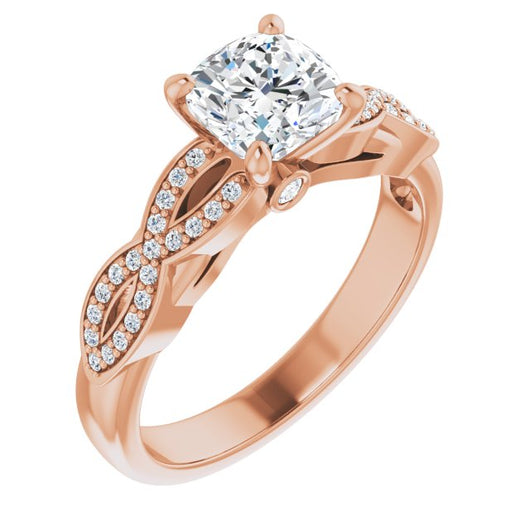 10K Rose Gold Customizable Cushion Cut Design featuring Infinity Pavé Band and Round-Bezel Peekaboos