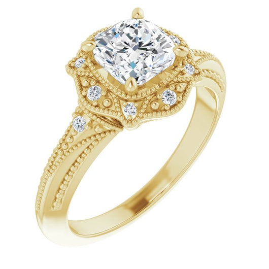 10K Yellow Gold Customizable Vintage Cushion Cut Design with Beaded Milgrain and Starburst Semi-Halo