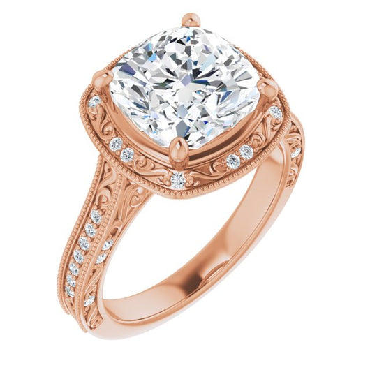 10K Rose Gold Customizable Vintage Artisan Cushion Cut Design with 3-Sided Filigree and Side Inlay Accent Enhancements