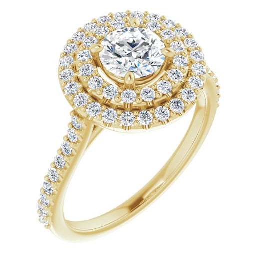 10K Yellow Gold Customizable Double-Halo Round Cut Design with Accented Split Band