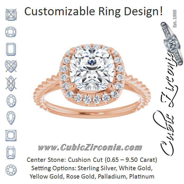 Cubic Zirconia Engagement Ring- The Shiori (Customizable Cathedral-set Cushion Cut Design with Halo and Twisty Rope Band)