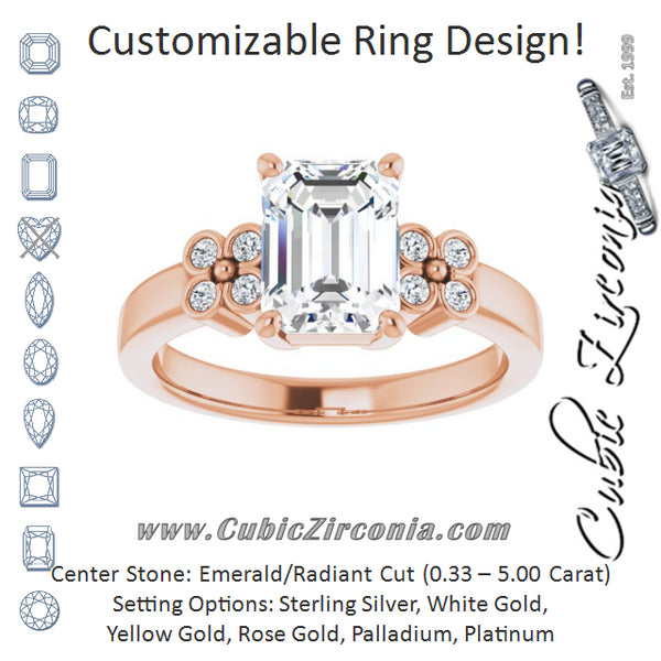 Cubic Zirconia Engagement Ring- The Heidi Grethe (Customizable 9-stone Design with Emerald Cut Center and Complementary Quad Bezel-Accent Sets)