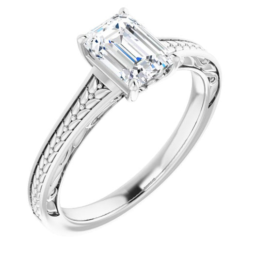 10K White Gold Customizable Emerald/Radiant Cut Solitaire with Organic Textured Band and Decorative Prong Basket