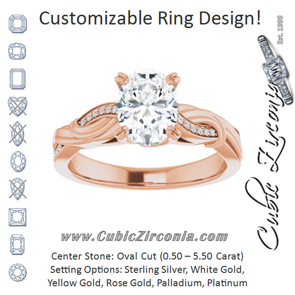 Cubic Zirconia Engagement Ring- The Fabiola (Customizable Cathedral-raised Oval Cut Design featuring Rope-Braided Half-Pavé Band)