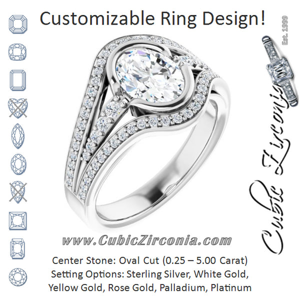 Cubic Zirconia Engagement Ring- The Paola (Customizable Cathedral-Bezel Oval Cut Design with Wide Triple-Split-Pavé Band)