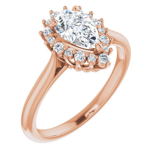 10K Rose Gold Customizable Crown-Cathedral Pear Cut Design with Clustered Large-Accent Halo & Ultra-thin Band