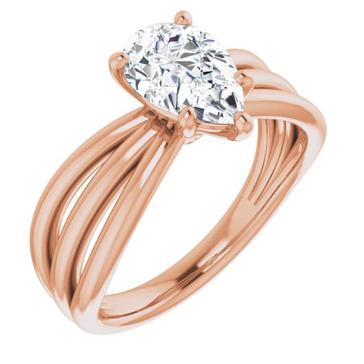 10K Rose Gold Customizable Pear Cut Solitaire Design with Wide, Ribboned Split-band