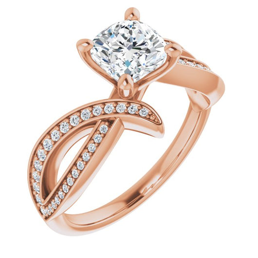 10K Rose Gold Customizable Cushion Cut Design with Swooping Pavé Bypass Band