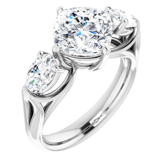 10K White Gold Customizable Cathedral-set 3-stone Cushion Cut Style with Dual Oval Cut Accents & Wide Split Band