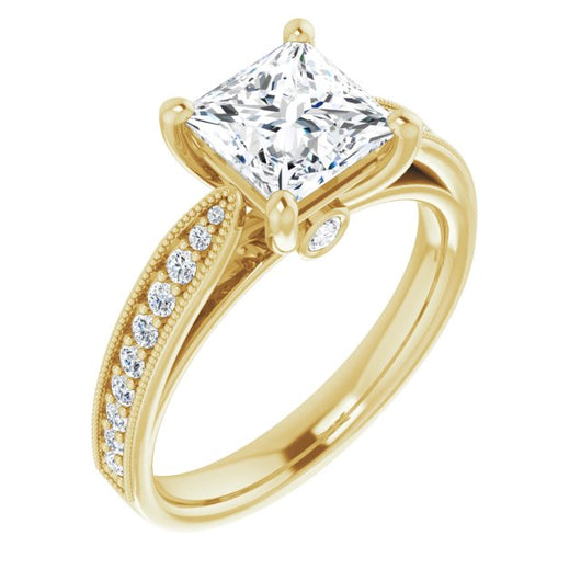 10K Yellow Gold Customizable Princess/Square Cut Style featuring Milgrained Shared Prong Band & Dual Peekaboos