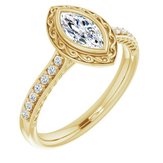 10K Yellow Gold Customizable Cathedral-Bezel Marquise Cut Design featuring Accented Band with Filigree Inlay