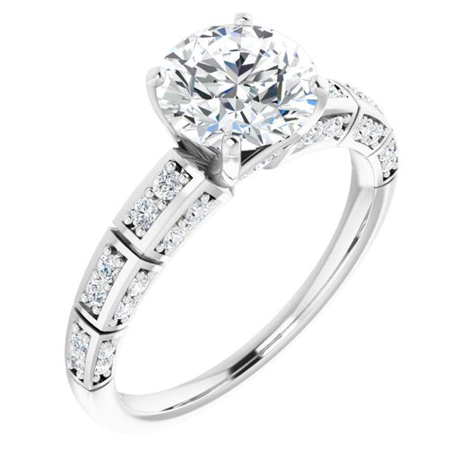 10K White Gold Customizable Round Cut Style with Three-sided, Segmented Shared Prong Band