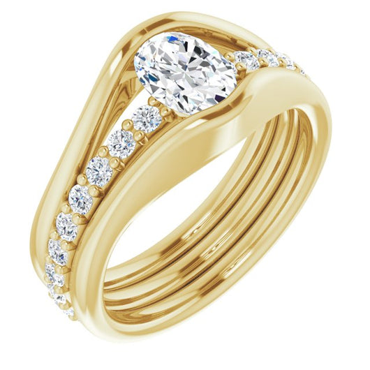 10K Yellow Gold Customizable Bezel-set Oval Cut Style with Thick Pavé Band