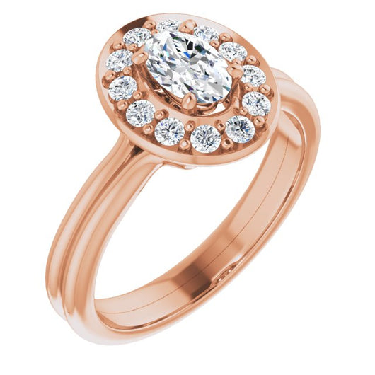 10K Rose Gold Customizable Cluster-Halo Accented Oval Cut Style with Tapered Dual Band