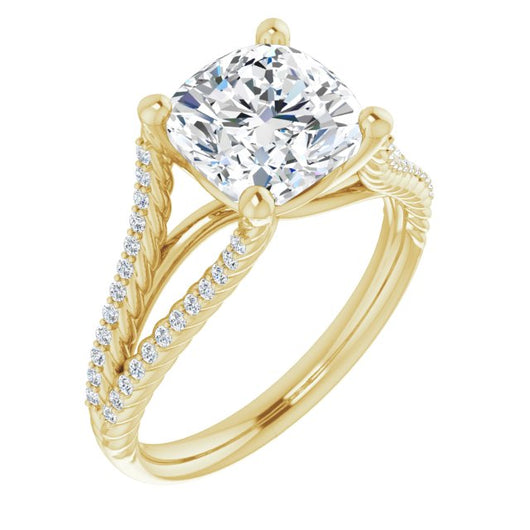 10K Yellow Gold Customizable Cushion Cut Style with Split Band and Rope-Pavé