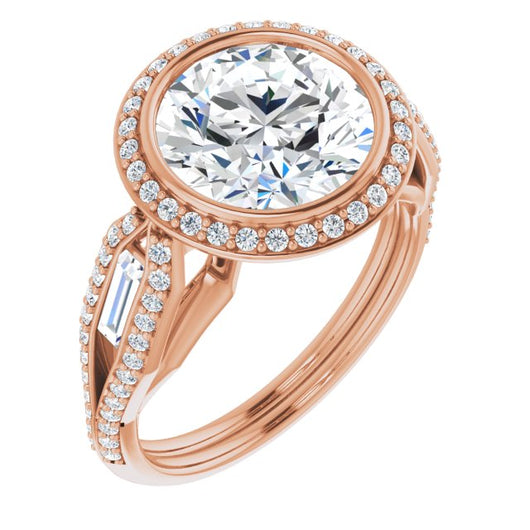 10K Rose Gold Customizable Cathedral-Bezel Round Cut Design with Halo, Split-Pavé Band & Channel Baguettes