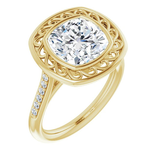 10K Yellow Gold Customizable Cathedral-Bezel Cushion Cut Design with Floral Filigree and Thin Shared Prong Band