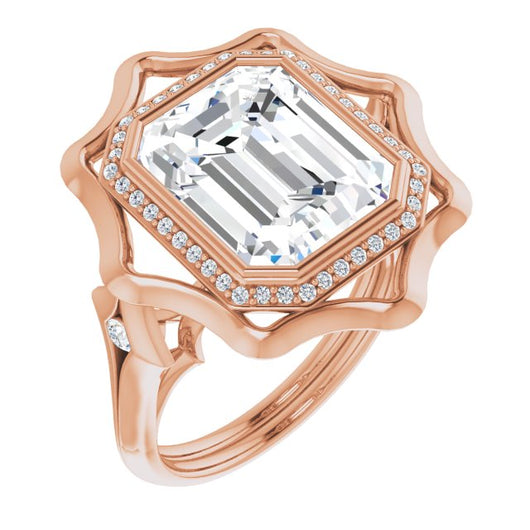 10K Rose Gold Customizable Bezel-set Emerald/Radiant Cut with Halo & Oversized Floral Design