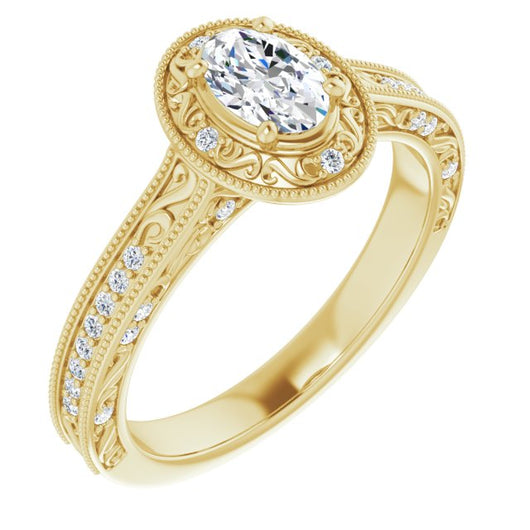 10K Yellow Gold Customizable Vintage Artisan Oval Cut Design with 3-Sided Filigree and Side Inlay Accent Enhancements