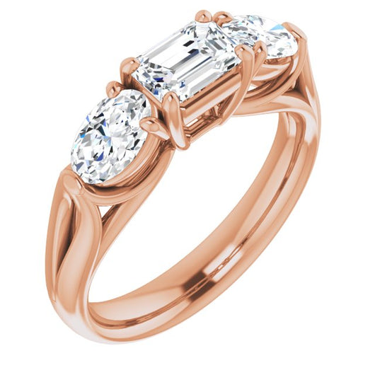 10K Rose Gold Customizable Cathedral-set 3-stone Emerald/Radiant Cut Style with Dual Oval Cut Accents & Wide Split Band