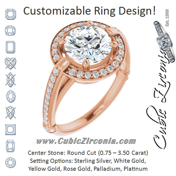 Cubic Zirconia Engagement Ring- The Ebba (Customizable High-Cathedral Round Cut Design with Halo and Shared Prong Band)