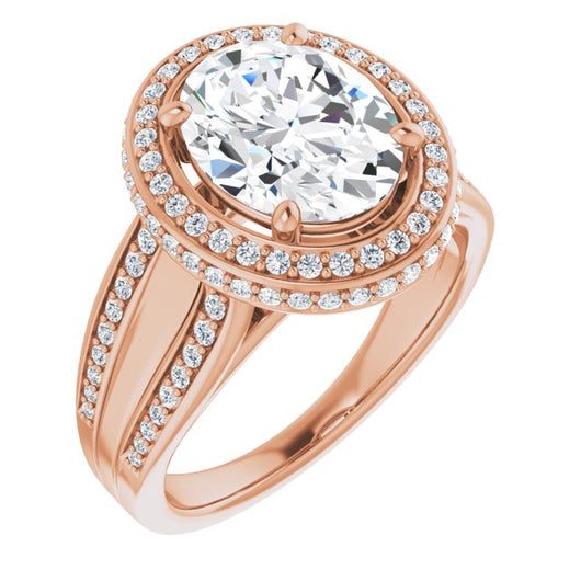 10K Rose Gold Customizable Halo-style Oval Cut with Under-halo & Ultra-wide Band