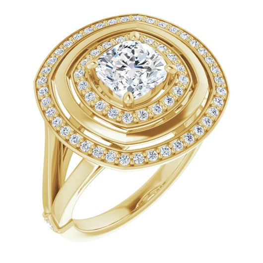 10K Yellow Gold Customizable Cushion Cut Oversized 2x Halo Style with Knuckle Accented Split Band