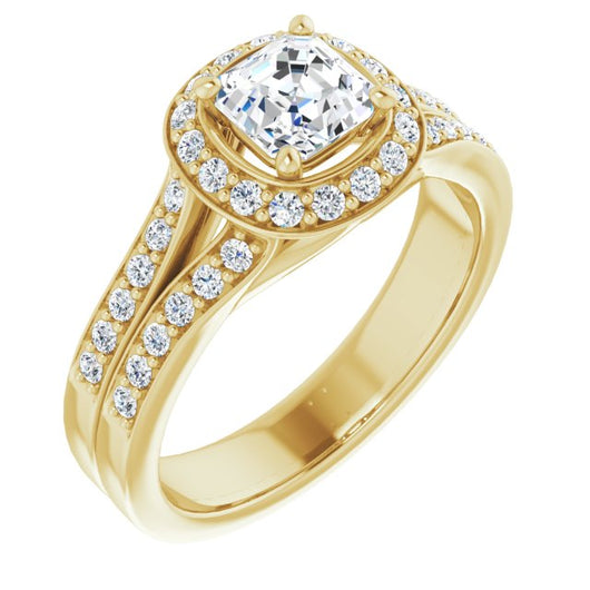 10K Yellow Gold Customizable Asscher Cut Halo Style with Accented Split-Band