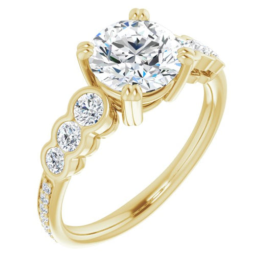 10K Yellow Gold Customizable Round Cut 7-stone Style Enhanced with Bezel Accents and Shared Prong Band