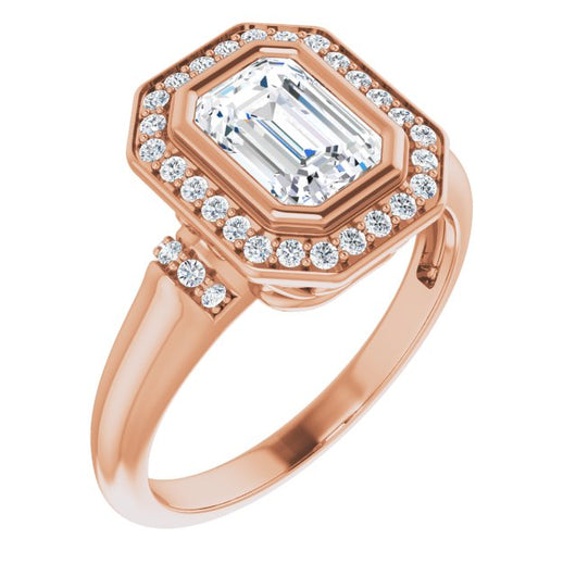 10K Rose Gold Customizable Bezel-set Emerald/Radiant Cut Design with Halo and Vertical Round Channel Accents