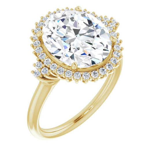 10K Yellow Gold Customizable Oval Cut Cathedral-Halo Design with Tri-Cluster Round Accents