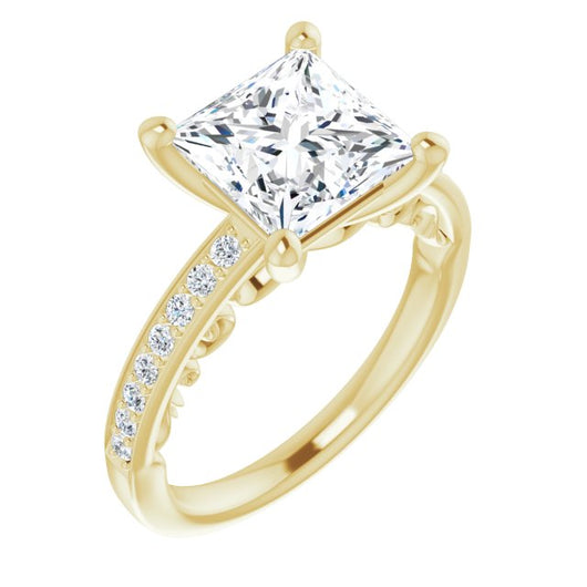 10K Yellow Gold Customizable Princess/Square Cut Design featuring 3-Sided Infinity Trellis and Round-Channel Accented Band