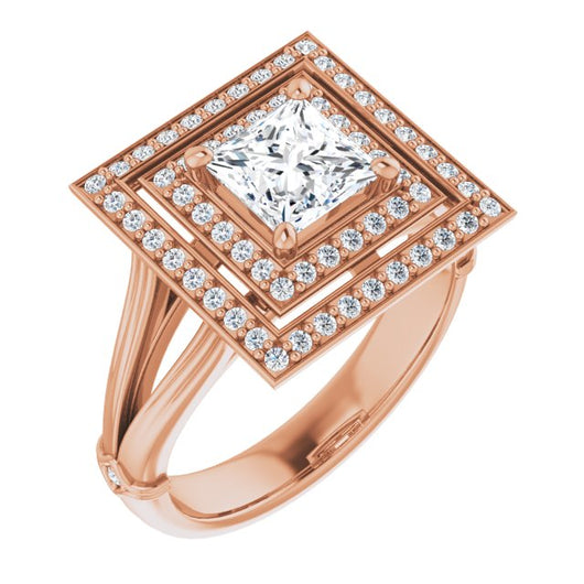 10K Rose Gold Customizable Cathedral-set Princess/Square Cut Design with Double Halo, Wide Split Band and Side Knuckle Accents