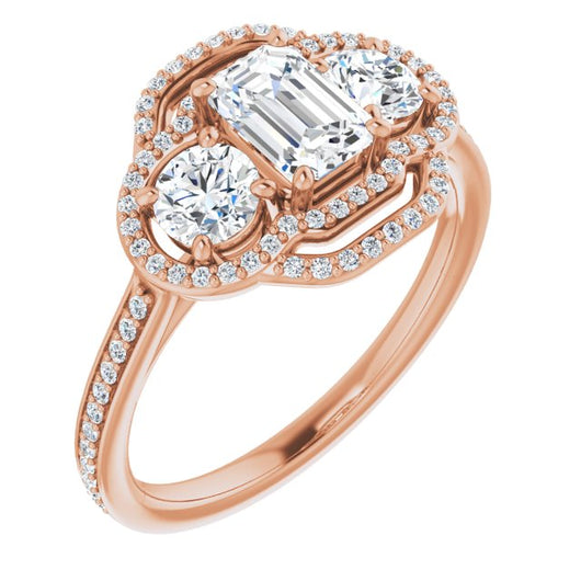 10K Rose Gold Customizable Enhanced 3-stone Double-Halo Style with Emerald/Radiant Cut Center and Thin Band