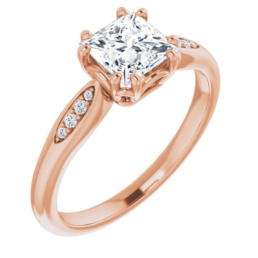 10K Rose Gold Customizable 9-stone Princess/Square Cut Design with 8-prong Decorative Basket & Round Cut Side Stones